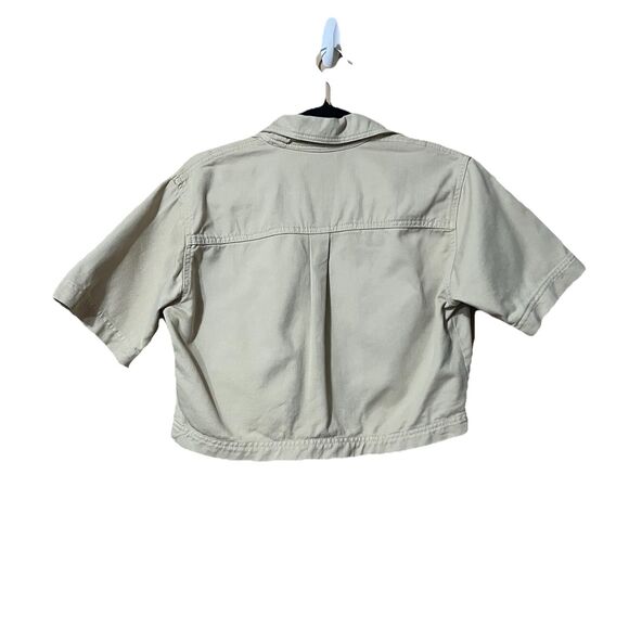 Zara Womens Size Small Tan Z1975 Cropped Denim Shirt V-Neck Front Flap Pockets - Picture 2 of 3